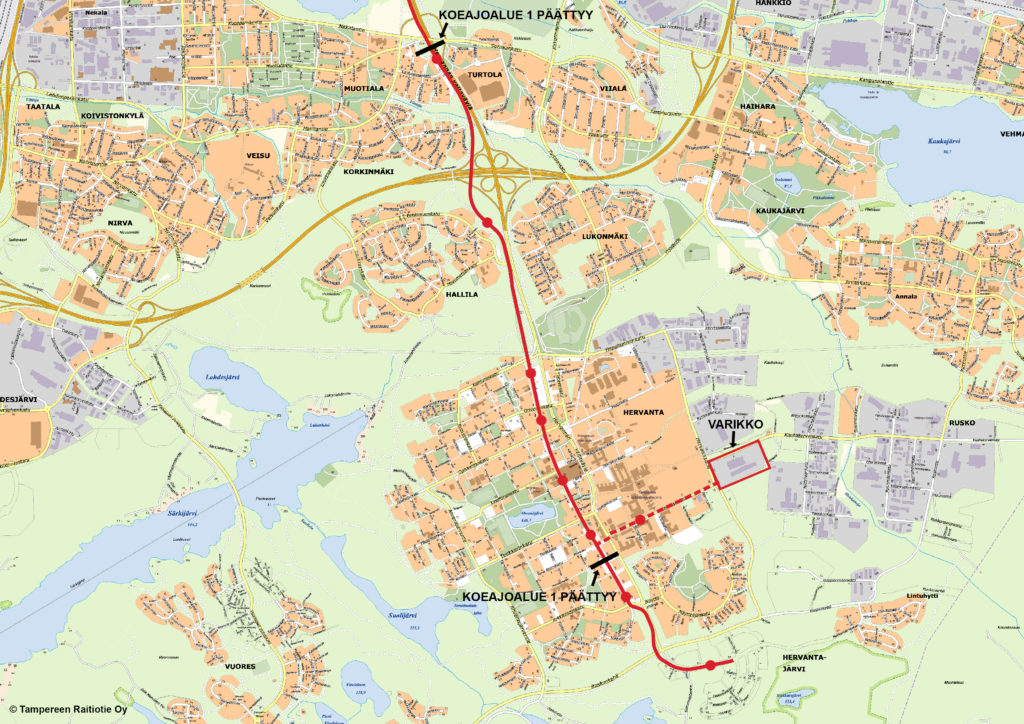 Tampereen Ratikan koeajoalue 1 kartta