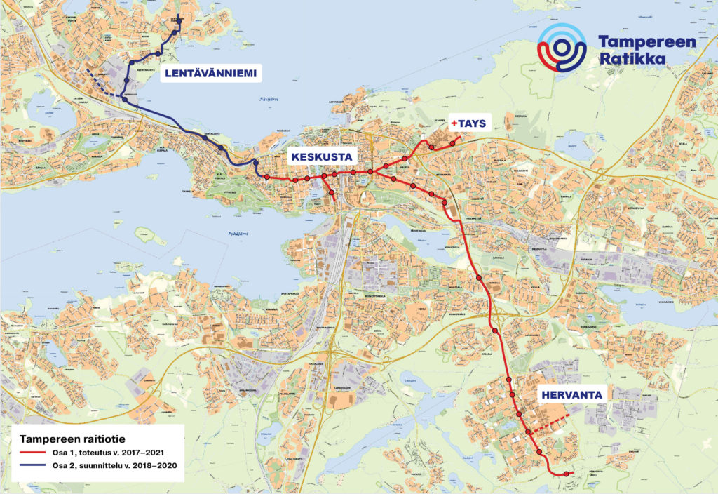 Tampereen Ratikan reitti osilla 1 ja 2