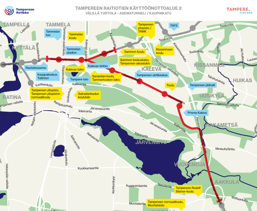 Tampereen Ratikan koeajoalueen kartta Turtolasta Tammelaan