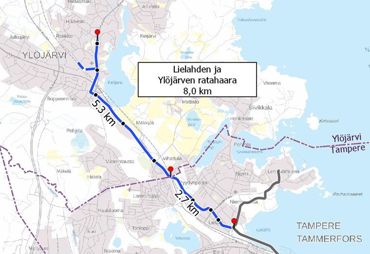 Raitiotiereitti Lielahdesta Ylöjärvelle