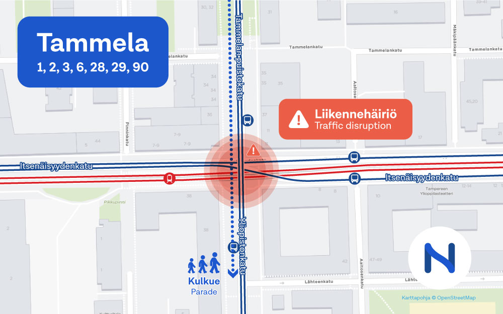 Kartta liikennehäiriöalueesta Tampereen Tammelassa