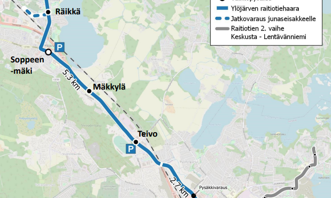 Lielahti-Ylöjärvi raitiotien pysäkit ja tarkennettu linjaus (kartta)