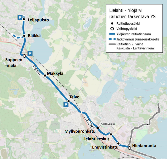 Lielahti-Ylöjärvi raitiotien pysäkit ja tarkennettu linjaus (kartta)