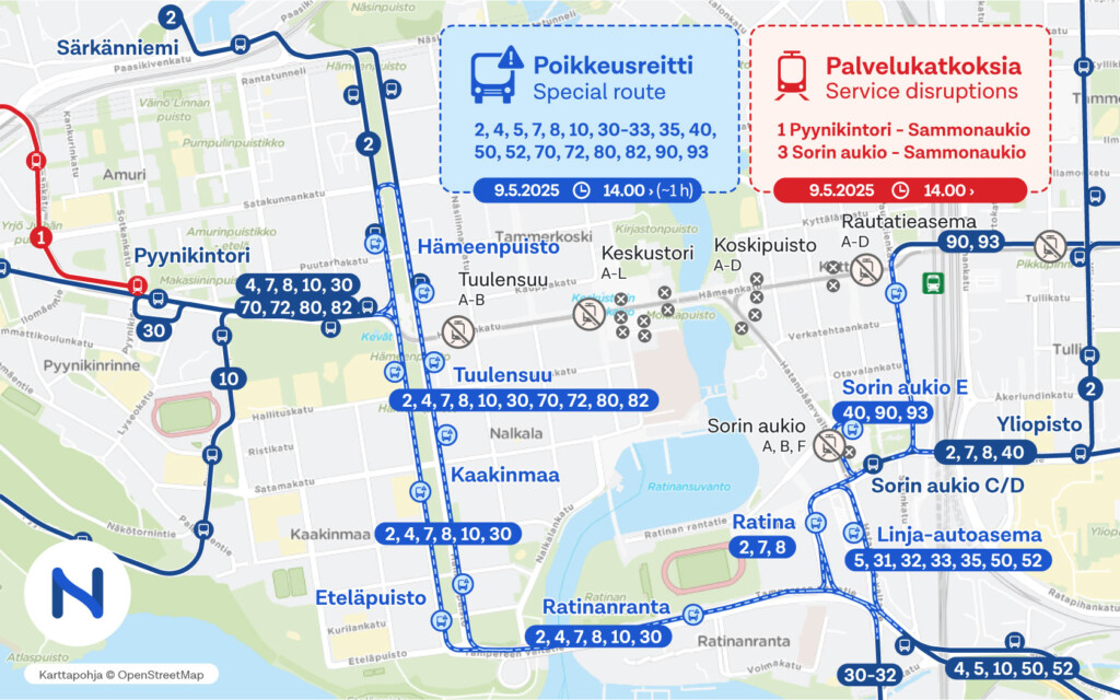 Karttakuva poikkeusreiteistä perjantaina 95.2025.