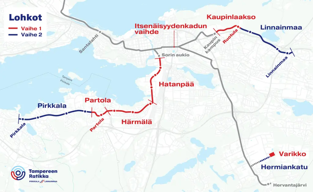 Pirkkala-Linnainmaa-raitiotien kartta