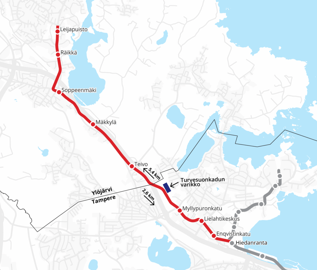 Lielahti–Ylöjärvi-raitiotien yleiskartta