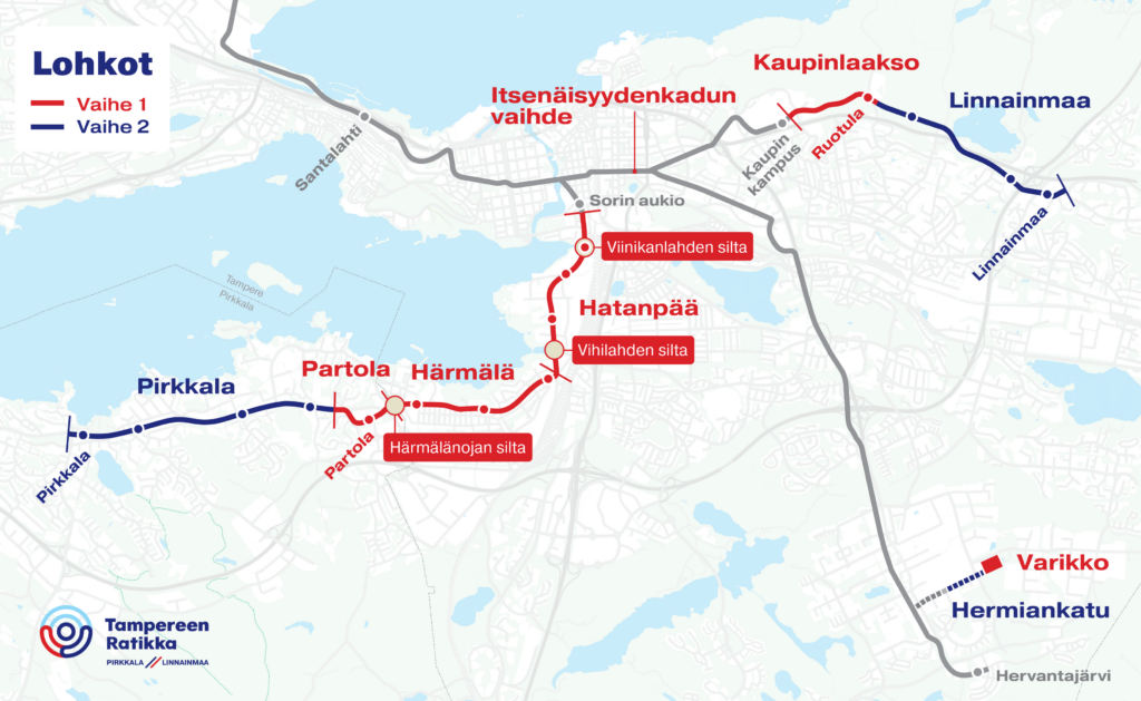 Pirkkala-Linnainmaa-raitiotien sillat kartalla