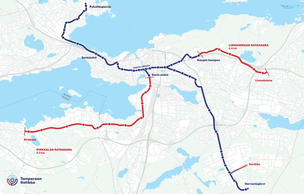 Tampereen Ratikan nykyiset ja rakenteilla olevat ratahaarat