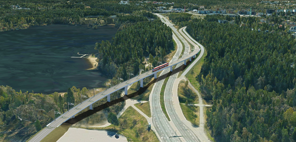 Ratikka Teiskontien ylittävällä sillalla idän suuntaan